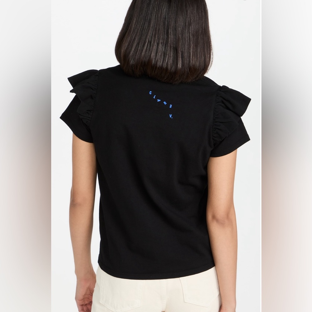 Clare V cotton black iconic OUI top with black ruffle sleeves. - Picture 2 of 6